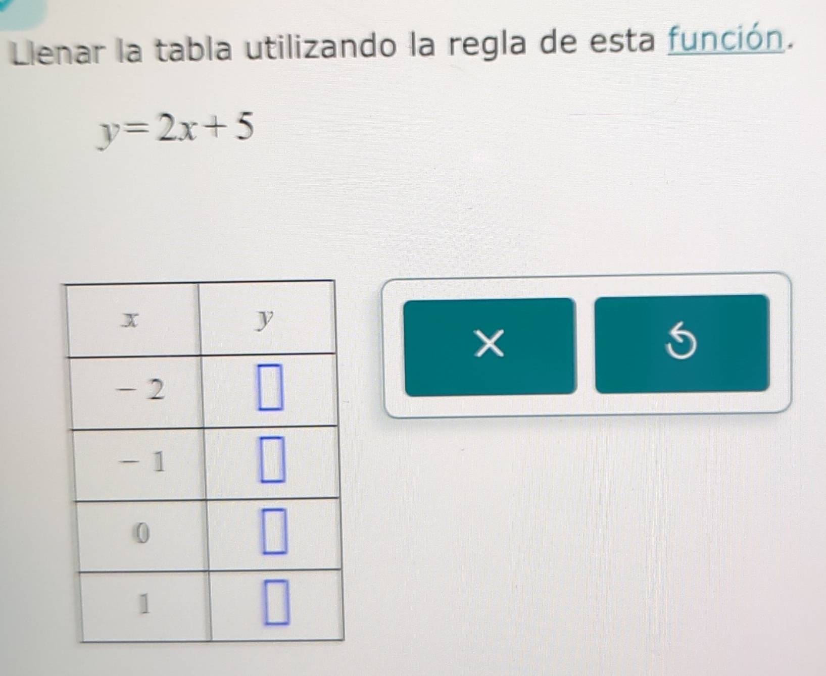 Llenar la tabla utilizando la regla de esta función.
y=2x+5