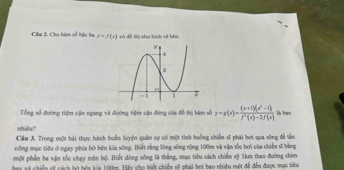 Cho hàm số bậc ba y=f(x) có đồ thị như hình vẽ bên.
Tổng số đường tiệm cận ngang và đường tiệm cận đứng của đồ thị hàm số y=g(x)= ((x+1)(x^2-1))/f^2(x)-2f(x)  là bao
nhiêu?
Câu 3. Trong một bài thực hành huấn luyện quân sự có một tình huống chiến sĩ phải bơi qua sông đề tấn
công mục tiêu ở ngay phía bờ bên kia sông. Biết rằng lòng sông rộng 100m và vận tốc bơi của chiến sĩ bằng
một phần ba vận tốc chạy trên bộ. Biết dòng sông là thẳng, mục tiêu cách chiến sỹ 1km theo đường chim
bay và chiến sỹ cách bờ bên kia 100m. Hãy cho biết chiến sỹ phải bơi bao nhiêu mét để đến được mục tiêu