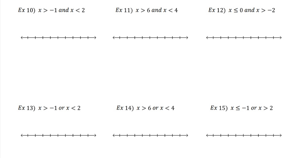 Ex 10) x>-1 and x<2</tex> Ex11)x>6 and x<4</tex> Ex12)x≤ 0 and x>-2
Ex 13) x>-1 or x<2</tex> Ex14)x>6 or x<4</tex> Ex15)x≤ -1 or x>2