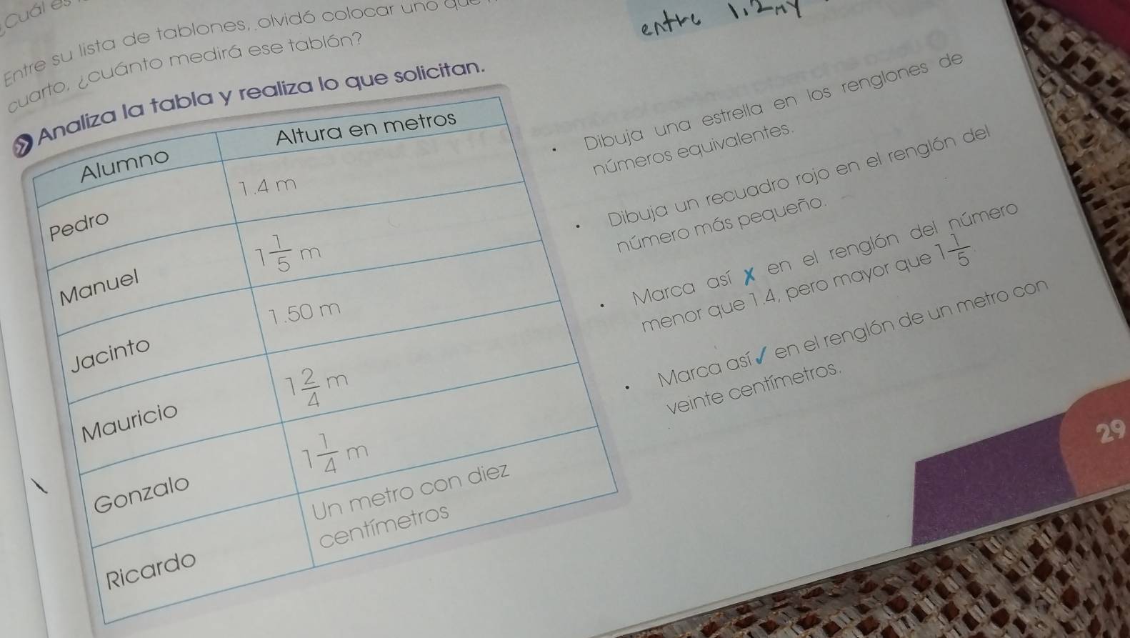 Cuál es
Entre su lista de tablones, olvidó colocar uno qu
cucuánto medirá ese tablón?
e solicitan.
a estrella en los renglones de
equivalentes.
un recuadro rojo en el renglón del
o más pequeño.
a así  en el renglón de mero
or que 1.4, pero mayor que 1 1/5 
arca asíó en el renglón de un metro con
einte centímetros.
29