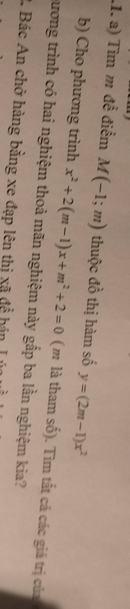 .1. a) Tìm m để điểm M(-1;m) thuộc đồ thị hàm số y=(2m-1)x^2
b) Cho phương trình x^2+2(m-1)x+m^2+2=0 (m là tham số). Tìm tất cả các giá trị của 
ương trình có hai nghiệm thoả mãn nghiệm này gấp ba lần nghiệm kia? 
2. Bác An chở hàng băng xe đạp lên thi xã để bán 1 a