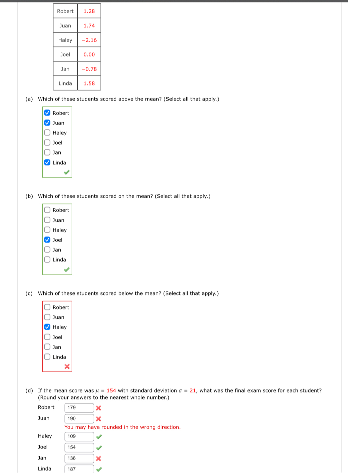 Whiccored above the mean? (Select all that apply.)
Robert
Juan
Haley
Joel
Jan
Linda
(b) Which of these students scored on the mean? (Select all that apply.)
Robert
Juan
Haley
Joel
Jan
Linda
(c) Which of these students scored below the mean? (Select all that apply.)
Robert
Juan
Haley
Joel
Jan
Linda
(d) If the mean score was mu =154 with standard deviation sigma =21 , what was the final exam score for each student?
(Round your answers to the nearest whole number.)
Robert 179 X
Juan 190
You may have rounded in the wrong direction.
Haley 10 9
Joel 154
Jan 136^(·) 
Linda 187