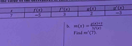 m(x)= (g(x)+2)/3f(x) 
Find m'(7).