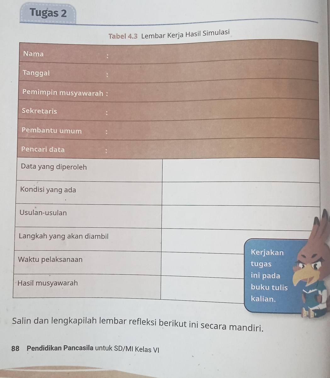 Tugas 2 
Salin dan lengkapilah lembar refleksi berikut ini secara mandiri.
88 Pendidikan Pancasila untuk SD/MI Kelas VI