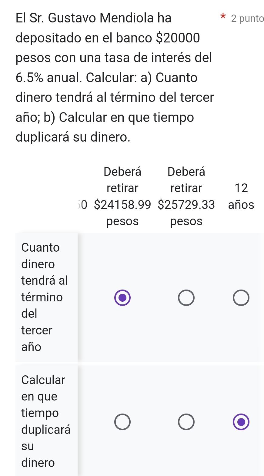 El Sr. Gustavo Mendiola ha 2 punto 
depositado en el banco $20000
pesos con una tasa de interés del
6.5% anual. Calcular: a) Cuanto 
dinero tendrá al término del tercer 
año; b) Calcular en que tiempo 
duplicará su dinero. 
Deberá Deberá 
retirar retirar 12 
0 $24158.99 $25729.33 años 
pesos pesos 
Cuanto 
dinero 
tendrá al 
término 
del 
tercer 
año 
Calcular 
en que 
tiempo 
duplicará 
su 
dinero