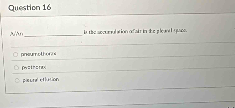 A/An _is the accumulation of air in the pleural space.
pneumothorax
pyothorax
pleural effusion