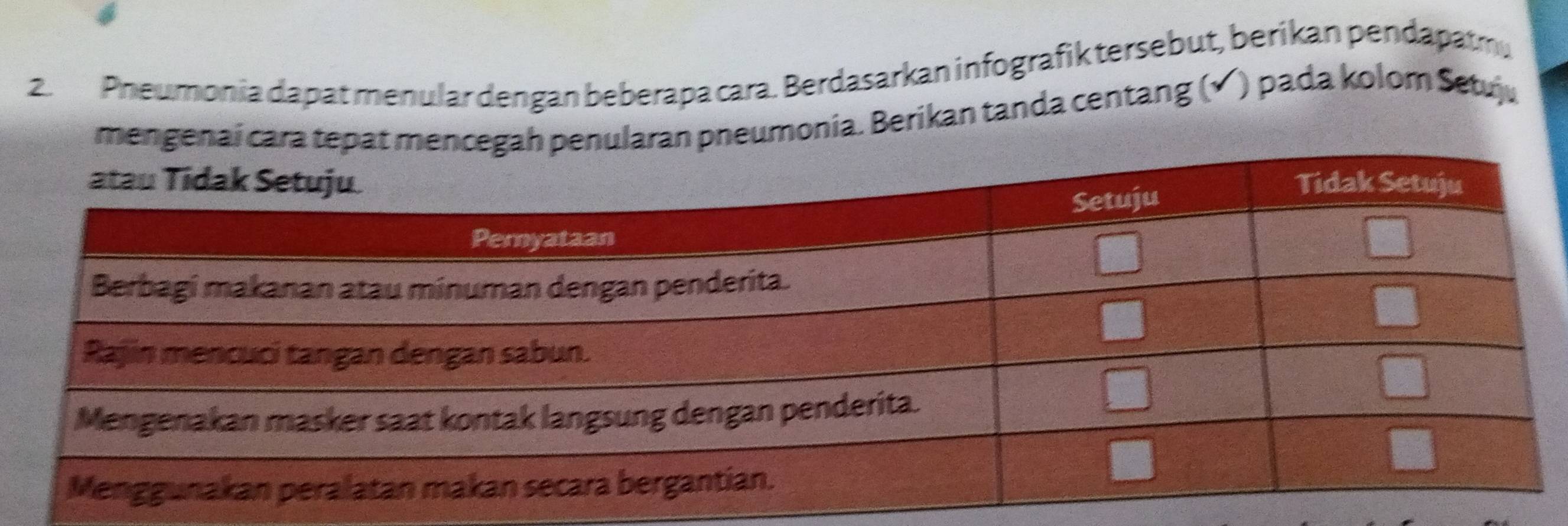 Pheumonia dapat menular dengan beberapa cara. Berdasarkan infografik tersebut, berikan pendapatm 
mengenaí n pneumonia. Berikan tanda centang (√ ) pada kolom Setuju