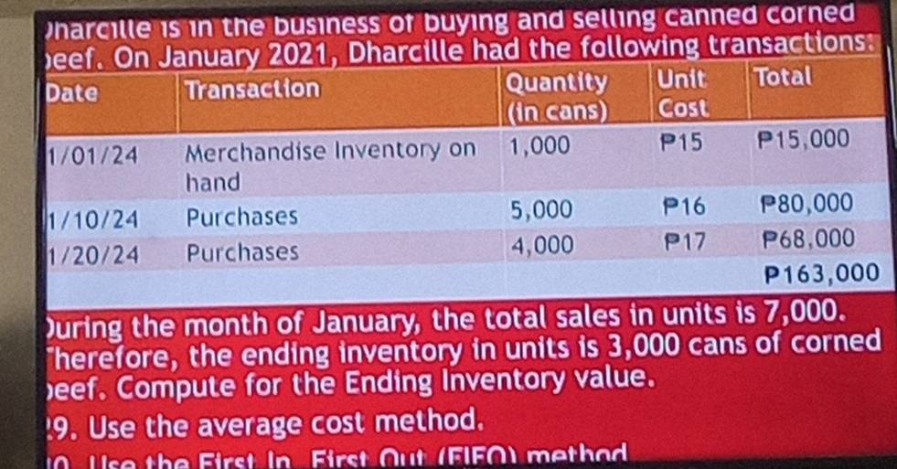 canned corned 
During the month of 
"herefore, the ending inventory in units is 3,000 cans of corned 
eef. Compute for the Ending Inventory value. 
9. Use the average cost method. 
10 Use the First In First Out (FIFO) method