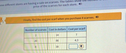 bree different stores are having a sale on scarves. The tables show the nu 
price of the scarves for each store. 
Finally, find the cost per scarf when you purchase 8 scarves.