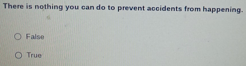 There is nothing you can do to prevent accidents from happening.
False
True