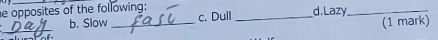 opposites of the following: d.Lazy_ 
b. Slow _c. Dull _(1 mark) 
_