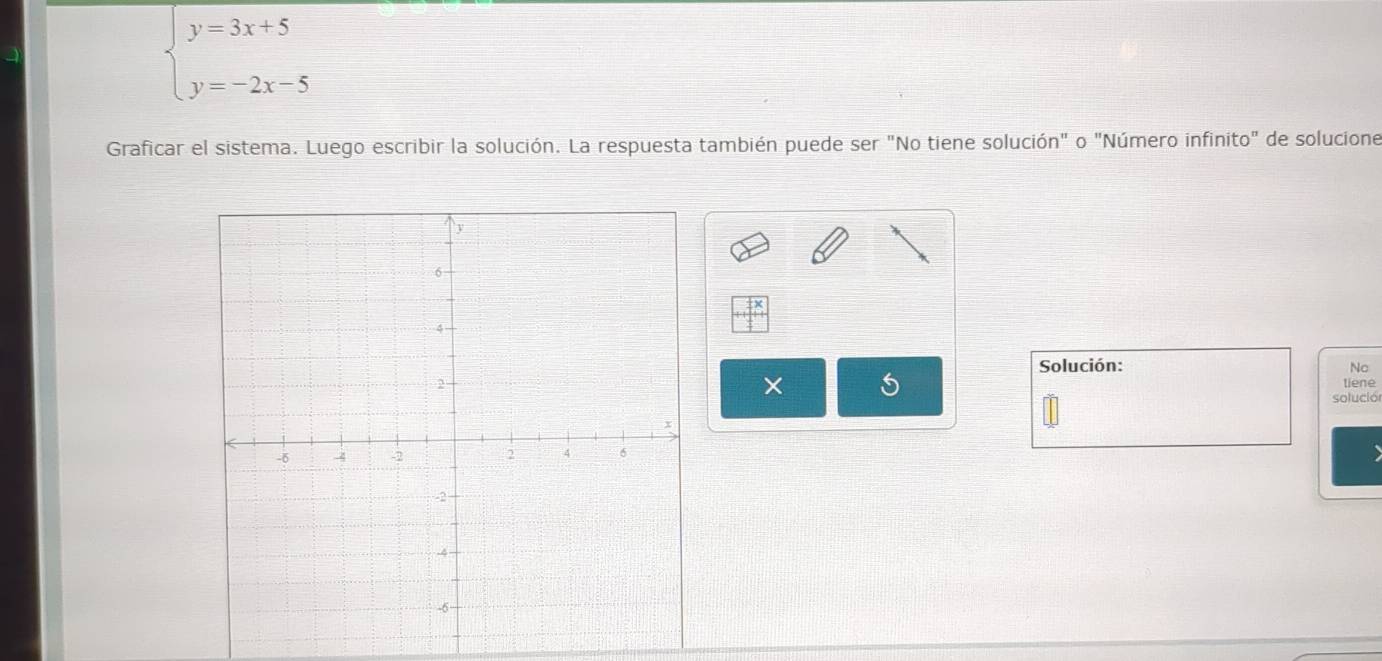 beginarrayl y=3x+5 y=-2x-5endarray.
Graficar el sistema. Luego escribir la solución. La respuesta también puede ser "No tiene solución" o "Número infinito" de solucione
+beginarrayr EX + hline endarray frac x 
Solución:
Nc
× 5
tiene
solució
a