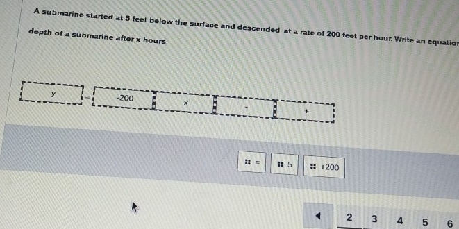 A submarine started at 5 feet below the surface and descended at a rate of 200 feet per hour. Write an equatior 
depth of a submarine after x hours.
y = -200 × : + 
: 
:: = :: 5 + 200
2 3 4 5 6