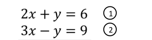 2x+y=6 1
3x-y=9 2