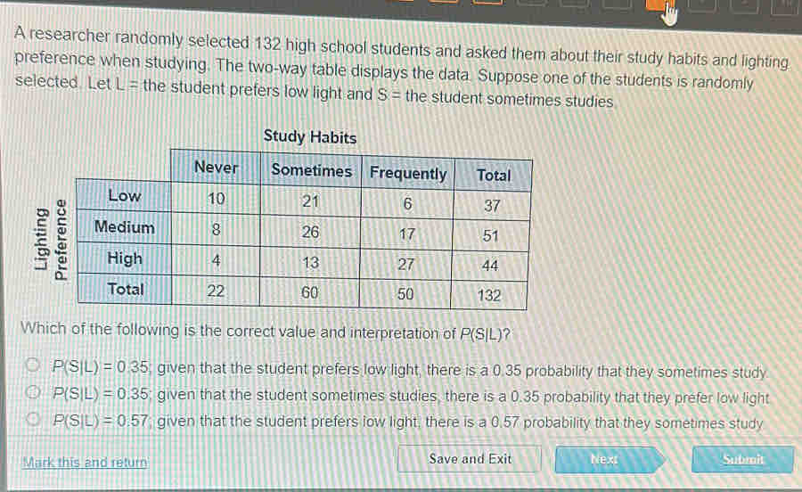 A researcher randomly selected 132 high school students and asked them about their study habits and lighting
preference when studying. The two-way table displays the data. Suppose one of the students is randomly
selected. Let L= the student prefers low light and S= the student sometimes studies
Study H
Which of the following is the correct value and interpretation of P(S|L) 2
P(S|L)=0.35; given that the student prefers low light, there is a 0.35 probability that they sometimes study
P(S|L)=0.35; given that the student sometimes studies, there is a 0.35 probability that they prefer low light
P(S|L)=0.57; given that the student prefers low light, there is a 0.57 probability that they sometimes study
Mark this and return Save and Exit Next Submit