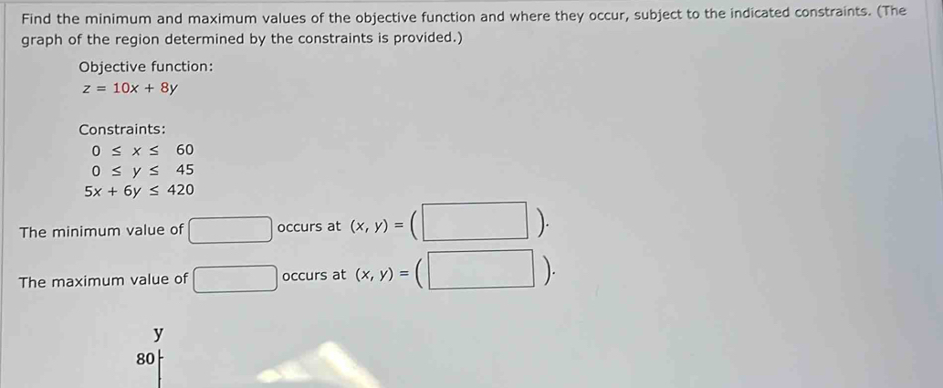 Find the minimum and maximum values of the objective function and where they occur, subject to the indicated constraints. (The 
graph of the region determined by the constraints is provided.) 
Objective function:
z=10x+8y
Constraints:
0≤ x≤ 60
0≤ y≤ 45
5x+6y≤ 420
The minimum value of □ occurs at (x,y)=(□ ). 
The maximum value of □ occurs at (x,y)=(□ ).
y
80