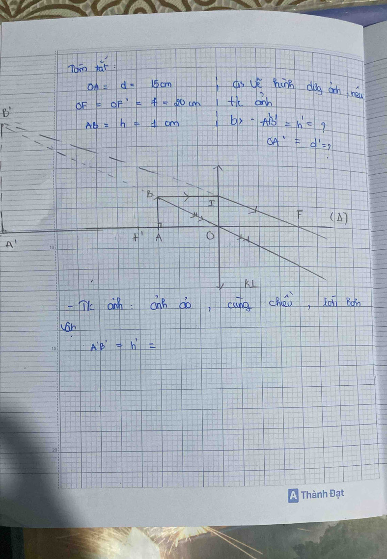 Tomm far
OA=d=15cm as vè hàn dig dn néi
OF=OF'=f=20cm th bann
B'
AB=h=1cm r b>-A^1b'=h'=?
OA'=d'=?
B
I
F (A)
h
f' A o
A'
Kl 
Th aih anà do, cāng chéi, loi Ron 
can
A'B'=h'=