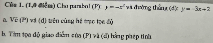 (1,0 điểm) Cho parabol (P): y=-x^2 và đường thắng (d): y=-3x+2
a. Vẽ (P) và (d) trên cùng hệ trục tọa độ
b. Tìm tọa độ giao điểm của (P) và (d) bằng phép tính