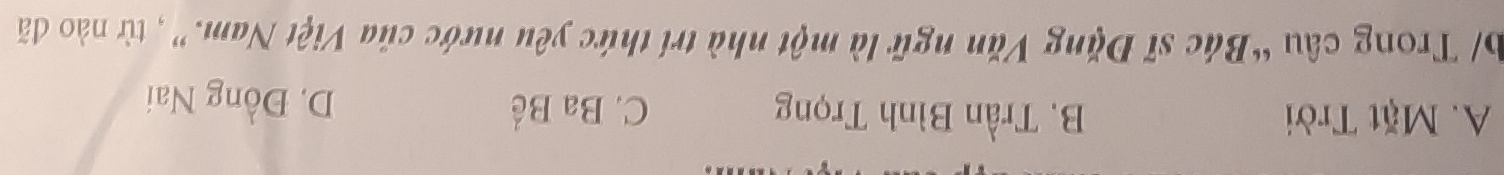 A. Mặt Trời B. Trần Bình Trọng C. Ba Bề D. Đồng Nai
b/ Trong câu “Bác sĩ Đặng Văn ngữ là một nhà trí thức yêu nước của Việt Nam.” , từ nào đã