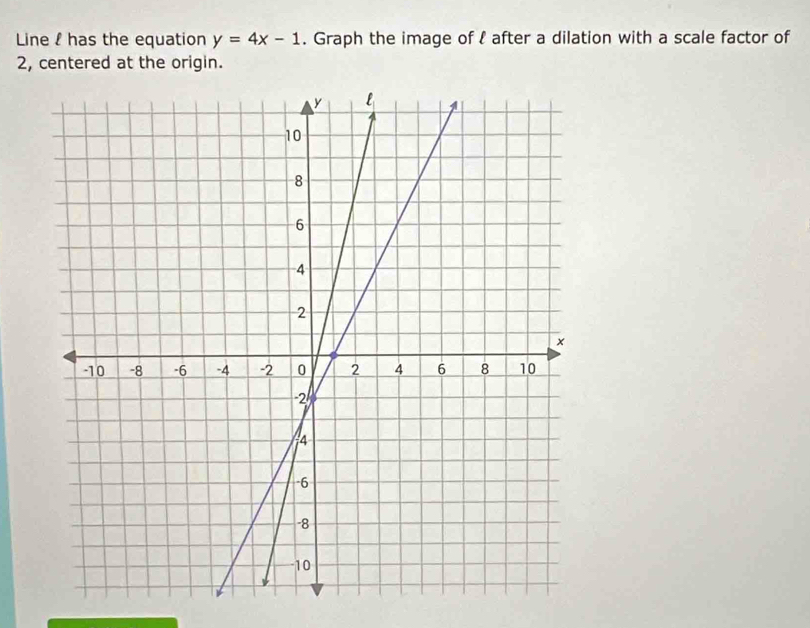 Line ! has the equation y=4x-1. Graph the image of l after a dilation with a scale factor of
2, centered at the origin.