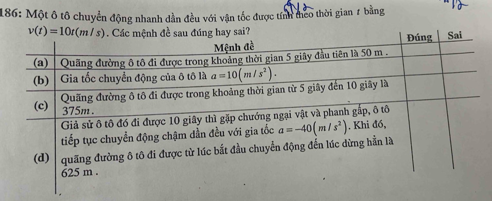 186: Một ô tô chuyển động nhanh dần đều với vận tốc được tính theo thời gian # bằng