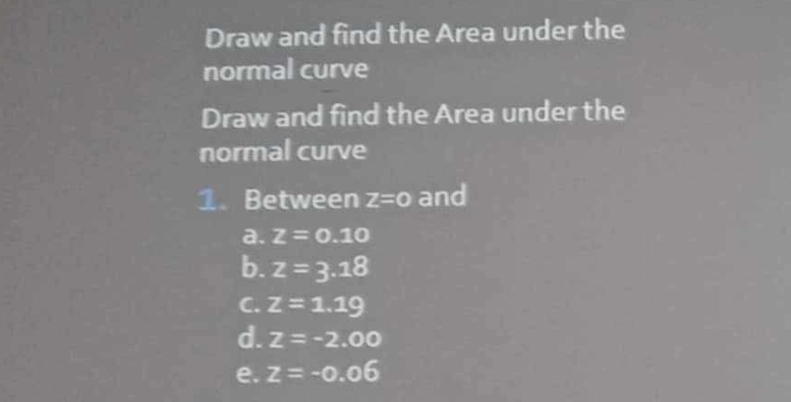 Draw and find the Area under the
normal curve
Draw and find the Area under the
normal curve
1. Between z=0 and
a. z=0.10
b. z=3.18
C. z=1.19
d. z=-2.00
e. z=-0.06