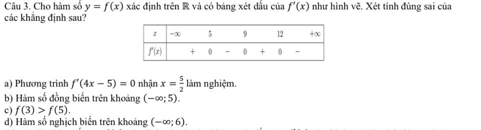 Cho hàm số y=f(x) xác định trên R và có bảng xét dấu của f'(x) như hình vẽ. Xét tính đúng sai của
các khắng định sau?
a) Phương trình f'(4x-5)=0 nhận x= 5/2  làm nghiệm.
b) Hàm số đồng biến trên khoảng (-∈fty ;5).
c) f(3)>f(5).
d) Hàm số nghịch biến trên khoảng (-∈fty ;6).