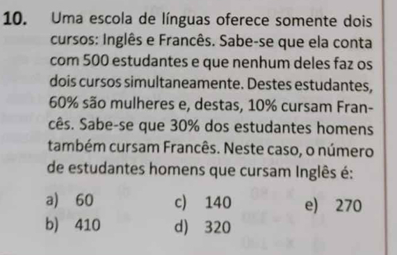 Uma escola de línguas oferece somente dois
cursos: Inglês e Francês. Sabe-se que ela conta
com 500 estudantes e que nenhum deles faz os
dois cursos simultaneamente. Destes estudantes,
60% são mulheres e, destas, 10% cursam Fran-
cês. Sabe-se que 30% dos estudantes homens
também cursam Francês. Neste caso, o número
de estudantes homens que cursam Inglês é:
a) 60 c) 140 e) 270
b) 410 d) 320