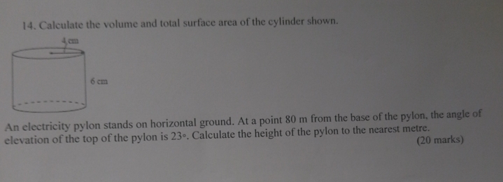 Solved: Calculate the volume and total surface area of the cylinder ...