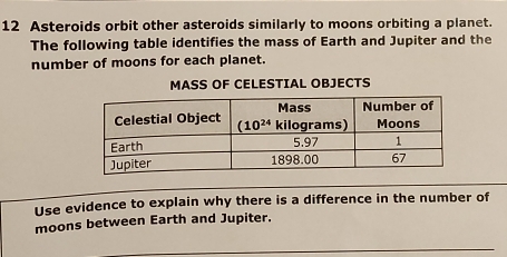 Asteroids orbit other asteroids similarly to moons orbiting a planet.
The following table identifies the mass of Earth and Jupiter and the
number of moons for each planet.
MASS OF CELESTIAL OBJECTS
Use evidence to explain why there is a difference in the number of
moons between Earth and Jupiter.
_