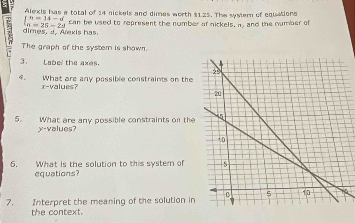 a Alexis has a total of 14 nickels and dimes worth $1.25. The system of equations
beginarrayl n=14-d n=25-2dendarray. can be used to represent the number of nickels, π, and the number of 
dimes, d, Alexis has. 
The graph of the system is shown. 
3. a Label the axes. 
4. What are any possible constraints on the
x -values? 
5. What are any possible constraints on the
y -values? 
6. What is the solution to this system of 
equations? 
6 
7. Interpret the meaning of the solution in 
the context.