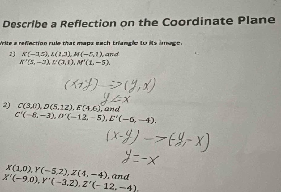 Describe a Reflection on the Coordinate Plane 
Write a reflection rule that maps each triangle to its image. 
1) K(-3,5), L(1,3), M(-5,1) , and
K'(5,-3), L'(3,1), M'(1,-5). 
2) C(3,8), D(5,12), E(4,6) , and
C'(-8,-3), D'(-12,-5), E'(-6,-4).
X(1,0), Y(-5,2), Z(4,-4)
X'(-9,0), Y'(-3,2), Z'(-12,-4). , and