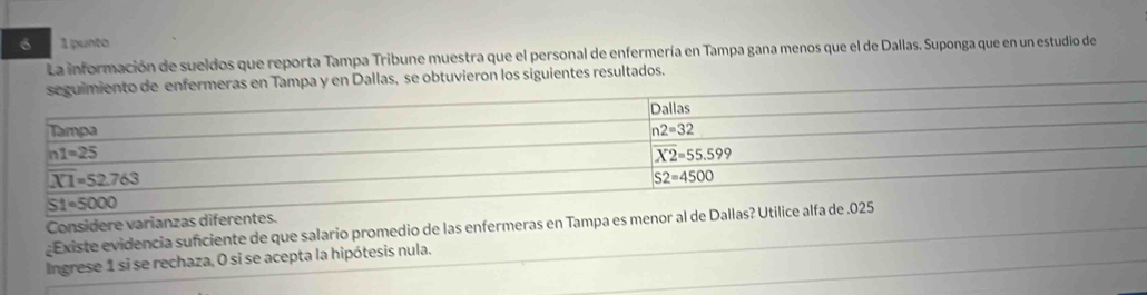 6 1 punto
La información de sueldos que reporta Tampa Tribune muestra que el personal de enfermería en Tampa gana menos que el de Dallas. Suponga que en un estudio de
obtuvieron los siguientes resultados.
Considere varianzas diferentes.
Existe evidencia suficiente de que salario promedio de las enfermeras en Tampa es menor al de Dallas? Utilice alfa de .025
Ingrese 1 si se rechaza, O si se acepta la hipótesis nula.