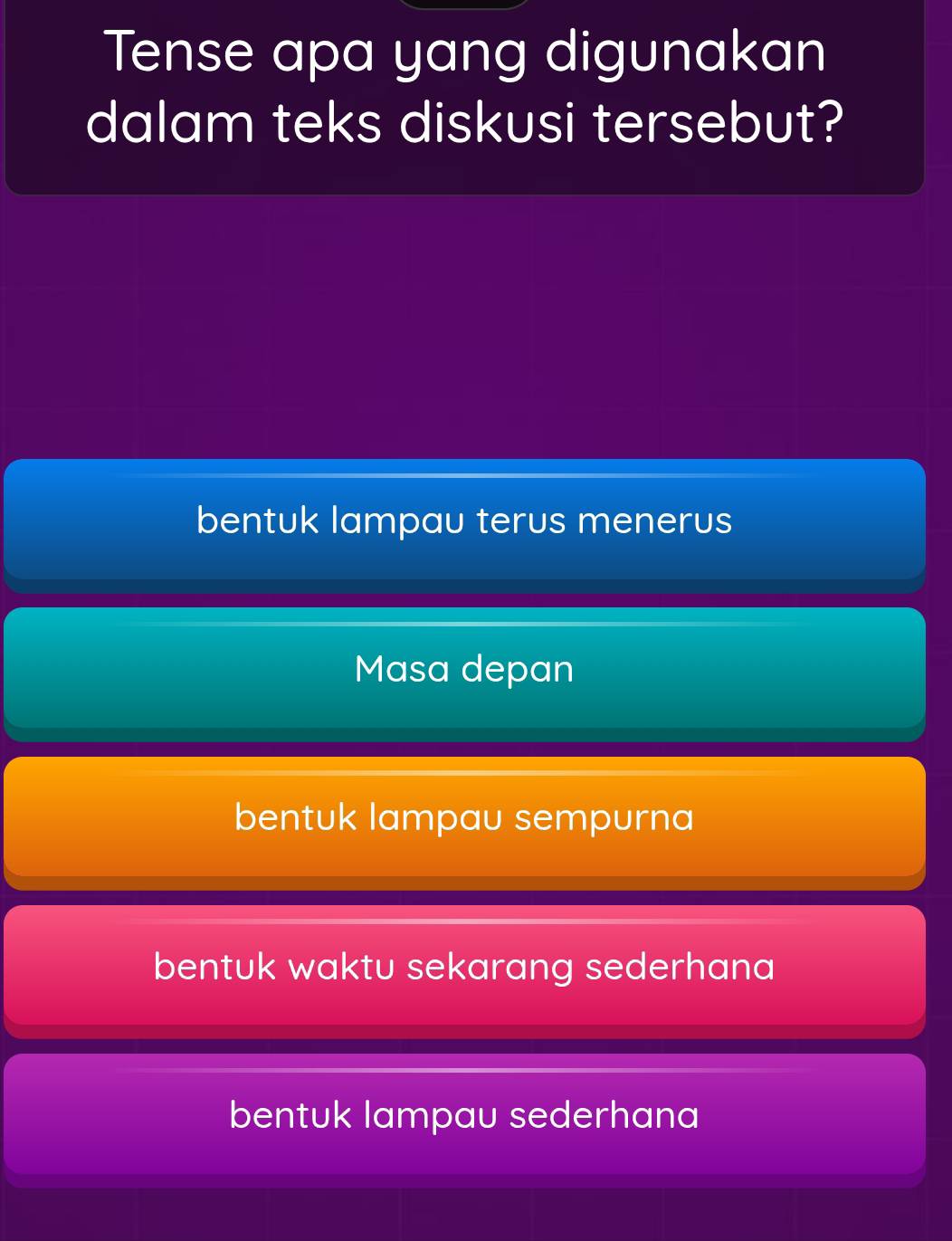 Tense apa yang digunakan
dalam teks diskusi tersebut?
bentuk lampau terus menerus
Masa depan
bentuk lampau sempurna
bentuk waktu sekarang sederhana
bentuk lampau sederhana