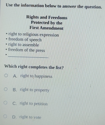 Use the information below to answer the question.
Rights and Freedoms
Protected by the
First Amendment
right to religious expression
freedom of speech
right to assemble
freedom of the press
_
Which right completes the list?
A. right to happiness
B. right to property
C. right to petition
D. right to vote