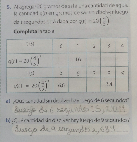 Al agregar 20 gramos de sal a una cantidad de agua,
la cantidad q(t) en gramos de sal sin disolver luego
de t segundos está dada por q(t)=20( 4/5 )^t.
Completa la tabla.
a) ¿Qué cantidad sin disolver hay luego de 6 segundos?
_
b) ¿Qué cantidad sin disolver hay luego de 9 segundos?
_