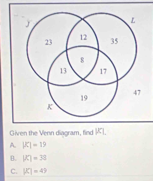 A. |K|=19
B. |K|=38
C. |K|=49