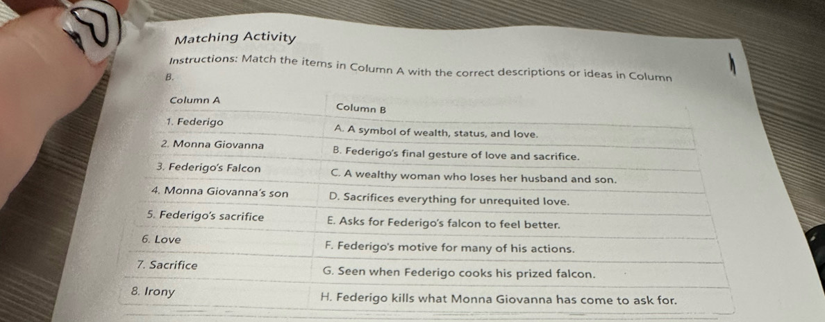 Matching Activity 
Instructions: Match the items in Column A with the correct descriptions or ideas in Column 
B.