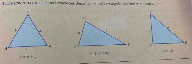 De acuerdo con las especificaciones descritas en cada triángulo, escribe su nombre.
 
 
A, B,C<90°
_
a=b=c
_