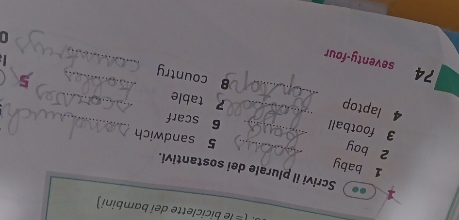 ( = le biciclette dei bambini) 
Scrivi il plurale dei sostantivi. 
1 baby 
2 boy 
_ 
5 sandwich 
3 football_ 
6 scarf_ 
7 table 
_ 
4 laptop __8 country__ 
74 seventy-four 
0