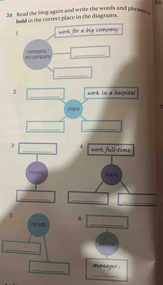 5a 
3a Read the blog again and write the words and phrases in 
bold in the correct place in the diagrams. 
1 work for a big company 
company / 
no company 
_ 
_ 
2 _work in a hospital 
place 
_ 
_ 
4 work full-time
hours
_ 
_ 
_ 
people 
manager / 
_