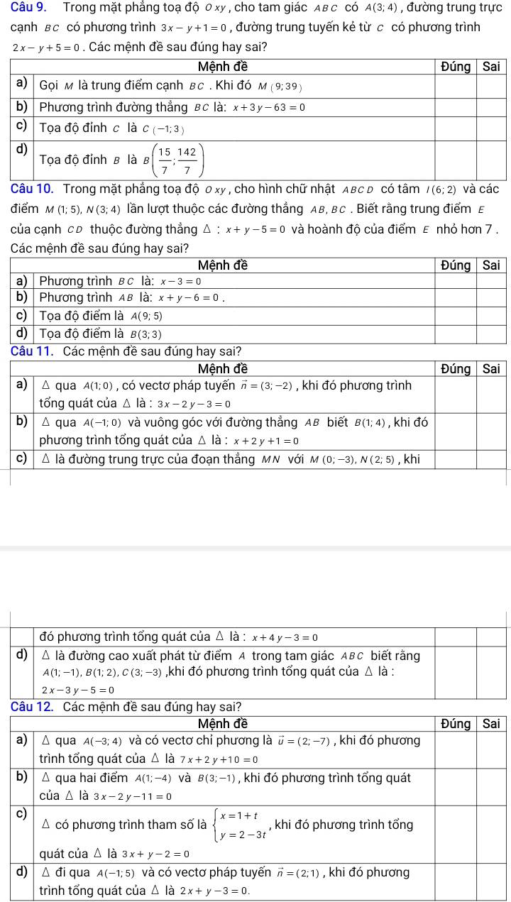 Trong mặt phẳng toạ độ 0 xy , cho tam giác Aв c có A(3;4) , đường trung trực
cạnh в c có phương trình 3x-y+1=0 , đường trung tuyến kẻ từ c có phương trình
2x-y+5=0. Các mệnh đề sau đúng hay sai?
Câu 10. Trong mặt phẳng toạ độ 0 xy , cho hình chữ nhật ABC D có tâm I(6;2) và các
điểm M(1;5),N(3;4) lần lượt thuộc các đường thẳng AB, BC . Biết rằng trung điểm £
của cạnh cơ thuộc đường thẳng △ :x+y-5=0 và hoành độ của điểm ε nhỏ hơn 7 .
Các mệnh đề sau đúng hay sai?
đó phương trình tổng quát của Δ là : x+4y-3=0
d) Δ là đường cao xuất phát từ điểm A trong tam giác ABC biết rằng
A(1;-1),B(1;2),C(3;-3) ,khi đó phương trình tổng quát của Δ là :
2x-3y-5=0