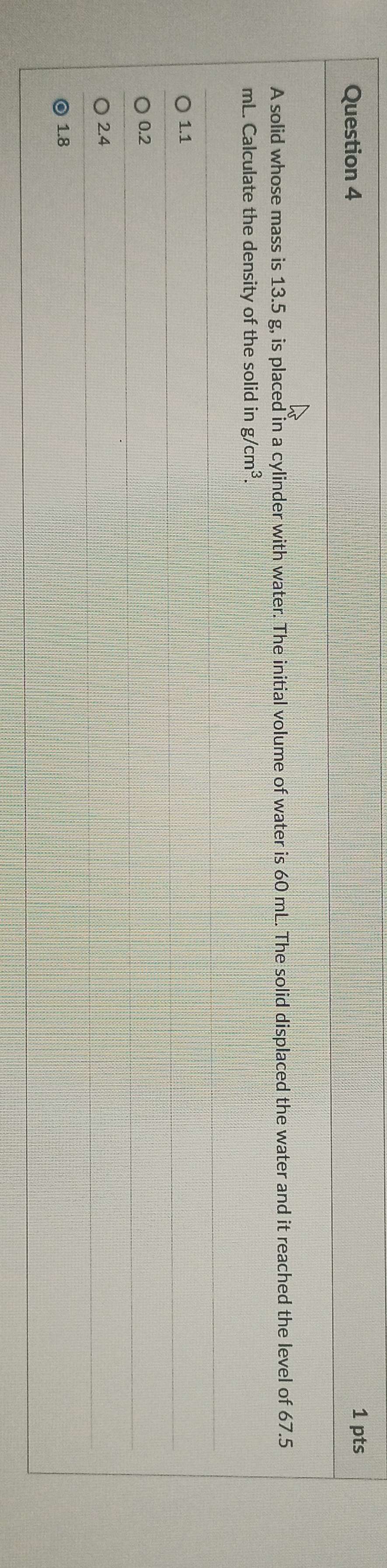 A solid whose mass is 13.5 g, is placed in a cylinder with water. The initial volume of water is 60 mL. The solid displaced the water and it reached the level of 67.5
mL. Calculate the density of the solid in g /cm^3.
1.1
0.2
2.4
1.8