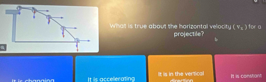 What is true about the horizontal velocity (v_x) for a
projectile?
Q
It is in the vertical
It is accelerating direction It is constant