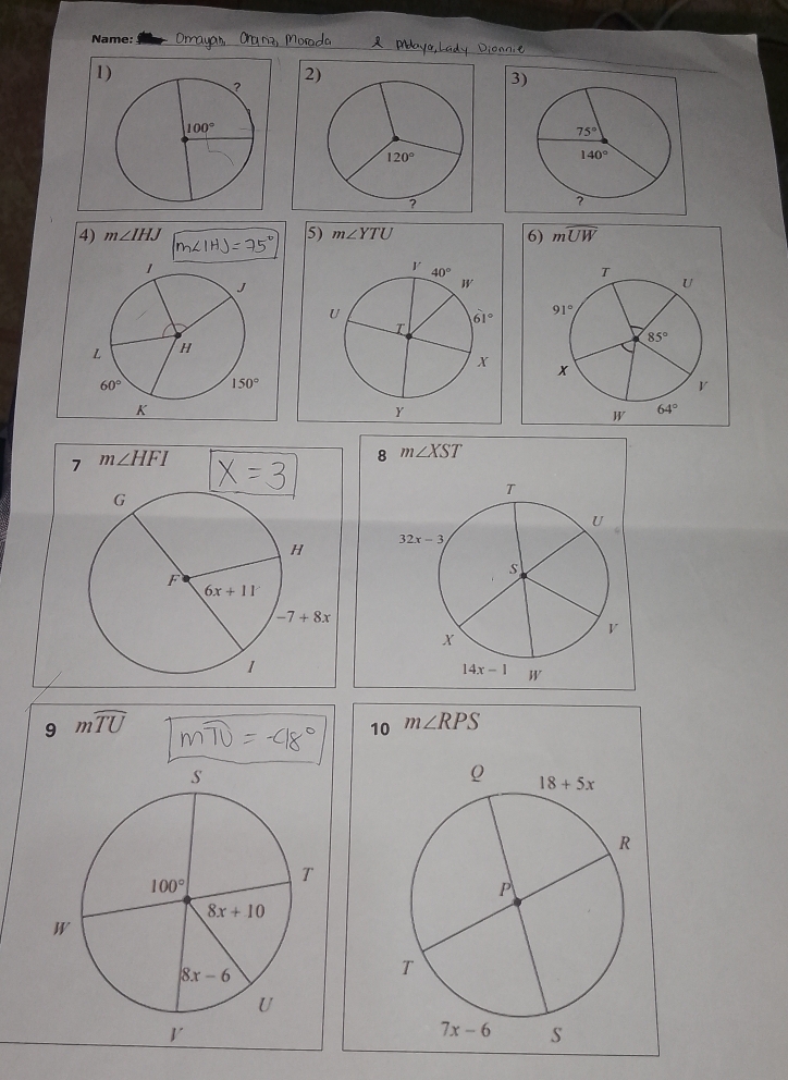 Name:
1
2
3)
4) m∠ IHJ 5) m∠ YTU
6) mwidehat UW

7 m∠ HFI
8 m∠ XST
9 mwidehat TU
10 m∠ RPS