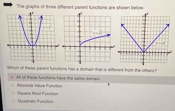 The graphs of three different parent functions are shown below.
 
Which of these parent functions has a domain that is different from the others?
All of these functions have the same domain.
Absolute Value Function
Square Root Function
Quadratic Function