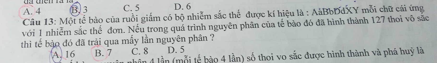 A. 4 B, 3 C. 5 D. 6
Câu 13: Một tế bào của ruồi giấm có bộ nhiễm sắc thế được kí hiệu là : AảBbDdXY mỗi chữ cái ứng
với 1 nhiễm sắc thế đơn. Nếu trong quá trình nguyên phân của tế bào đó đã hình thành 127 thoi vô sắc
thì tế bào đó đã trải qua mấy lần nguyên phân ?
A. 16 B. 7 C. 8 D. 5
ần 4 lầ n (mỗi tế bào 4 lần) số thoi vo sắc được hình thành và phá huỷ là