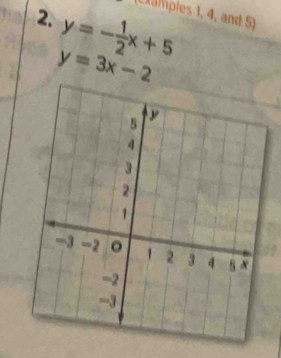 (Uamples 1, 4, and 5)
2. y=- 1/2 x+5
y=3x-2