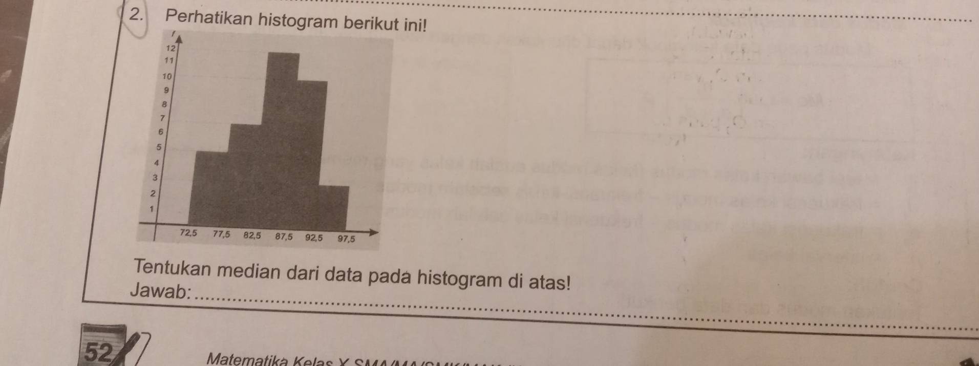 Perhatikan histogram berik ini! 
Tentukan median dari data pada histogram di atas! 
Jawab:_ 
52 
Matematika Kelas Y S V