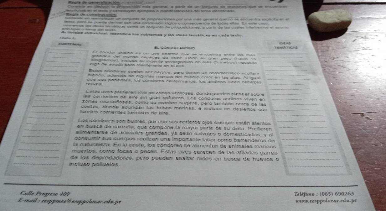 Fegla de generalización: -=  =
Consiste en deducir la proposiciós más general, a partr de un conjunto de oraciones que se encuentran
eprctas en el texto y constituyen ejemípios o manifestaciones del tema identificado
Ragla de construcción   
Conwalle en reemplaizar un conjunto de proposiciones por una más general que no se encuentra explicita en el
textlo, pero se puede derivar con una conclusión lógica o consecuencia de todas ellas. En este caso
usaremos las ideas terátticas como un conjunto de proposiciones, a partir de las cuales inferremos el esunto
prtmcigvl o lra dei tevão
Actividad individual: identífica los subtemas y las ideas temáticas en cada texto.
Terto 1: a
SCRBTENCAS El cóndor andino TEMATICAS
_El cónidor andino es un ave enorme que se encuentra entre las más
_grandes del mundo capaçes de volar. Dado su gran peso (hasta 15_
_
_killogramos), incluso su ingente envergadura de alas (3 metros) necesita_
_aligo de ayuda para mantenerie en el aire
_Estos cóndores suelen ser negros, pero tienen un característico «collar»_
_bilanco, además de algunas marcas del mismo color en las alas. Al igual_
_que sus parientes, los cóndores califomianos, los andinos lucen cabezas_
_calvas
_
_
_
_Estas aves prefieren vivir en zonas ventosas, donde pueden planear sobre_
_las corrientes de aire sin gran esfuerzo. Los cóndores andinos viven en_
zonas montañosas, como su nombre sugiere, pero también cerca de las_
_costas, donde abundan las brisas marinas, e incluso en desiertos con_
_
_fuertes corrientes térmicas de aire.
_
_Los cóndores son buitres; por eso sus certeros ojos siempre están atentos_
_en busca de carroñía, que compone la mayor parte de su dieta. Prefieren_
_alimentarse de animales grandes, ya sean salvajes o domesticados, y al_
_
consumir sus cuerpos realizan una importante labor como barrenderos de_
_
la naturaleza. En la costa, los cóndores se alimentan de animales marinos_
_
muertos, como focas o peces. Estas aves carecen de las afiladas garras_
de los depredadores, pero pueden asaltar nídos en busca de huevos o_
_incluso polluelos.
_
Calle Progreso 409  Teléfono : (065) 690263
E-mail : eesppmeo@eesppolazar.edu.pe www.eesppolazar.edu.pe